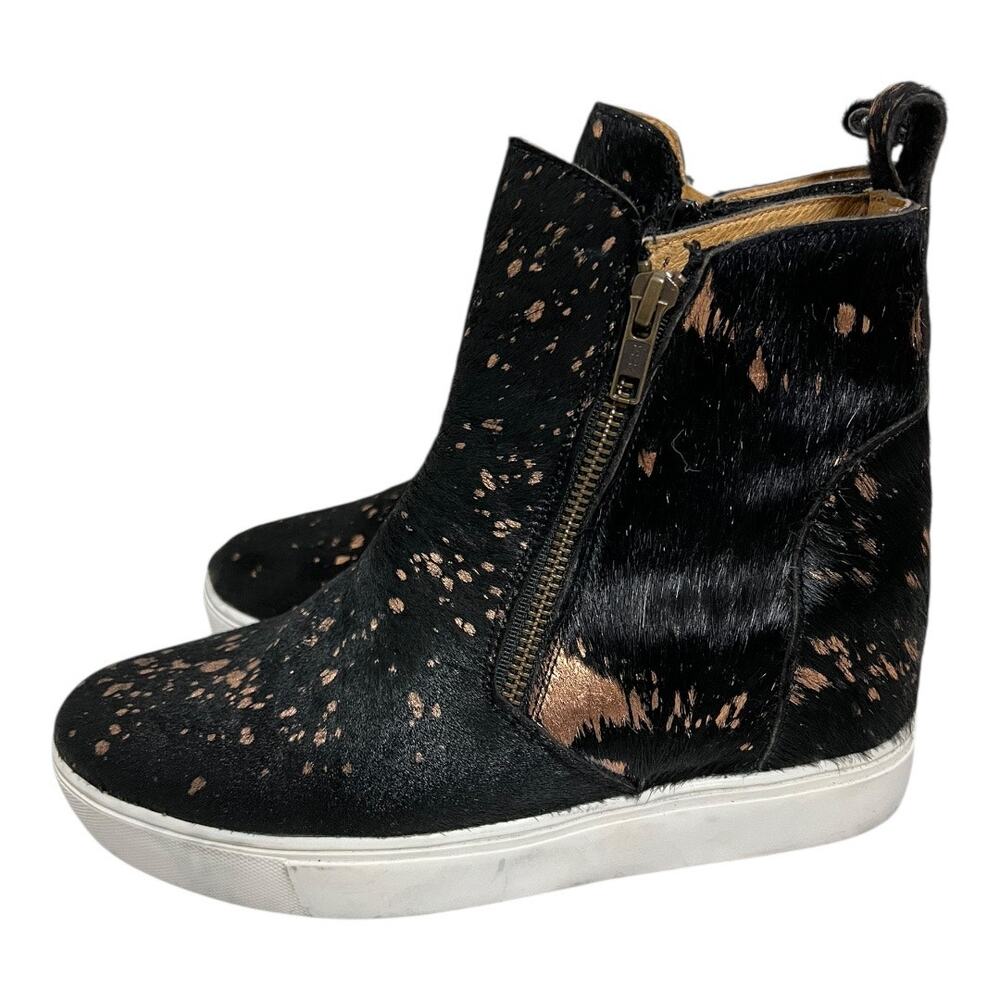 Alcala's Boots Women's Size 9 Black Calf Hair Leather Wedge Sneakers Zip